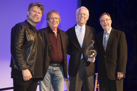 Pictured (L-R): Stephen Webber, program director for music technology at Berklee’s Valencia campus; Pat Pattison, professor of songwriting; Curb Group CEO Jim Ed Norman; Jay Kennedy, vice president for academic affairs. Photo: Chris Hollo. 