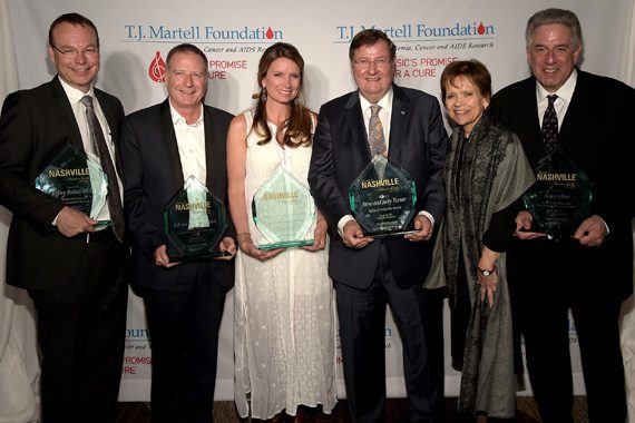 The 7th Annual T.J. Martell Honors Gala honorees. (L-R): Dr. Jeffrey Balser, the Medical Research Advancement Award; Bill and Billy Ray Hearn [not pictured], the Frances Preston Lifetime Music Industry Achievement Award; Becca Stevens, the Lifetime Humanitarian Award; Steve and Judy Turner, the Spirit of Nashville Award; and Ken Levitan, the Tony Martell Outstanding Entertainment Achievement Award. 