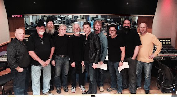 Pictured (L-R): engineer Julian King. producer James Stroud, assistant engineer Jake Burns, acoustic guitar player Biff Watson, piano player Steve Nathan, Robby Johnson, bass player Mike Brignardello, electric guitar player Brent Mason, drummer Wes Little, and background vocalist Wes Hightower. 