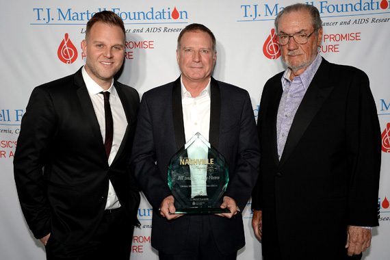 Bill Hearn (center) accepts the Frances Preston Lifetime Music Industry Achievement Award on behalf of his father, Billy Ray Hearn, along with Matthew West (left) and Jimmy Bowen (right) at the T.J. Martell Foundation's 7th Annual Nashville Honors Gala