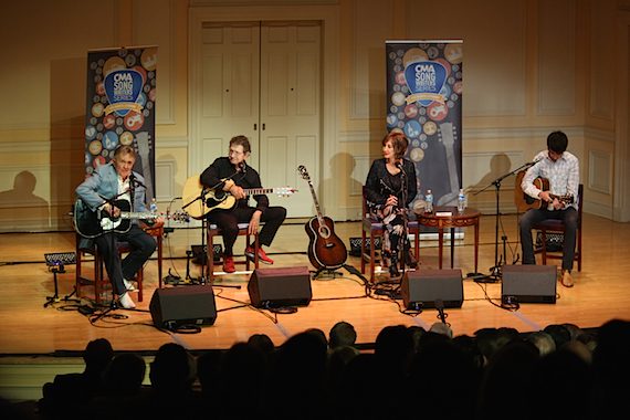 Pictured (L-R): Bill Anderson, Mac Davis, Pam Tillis, and Mo Pitney perform during the CMA Songwriters Series Tuesday night at the Library of Congress in Washington, D.C. Photo: Lisa Nipp / CMA