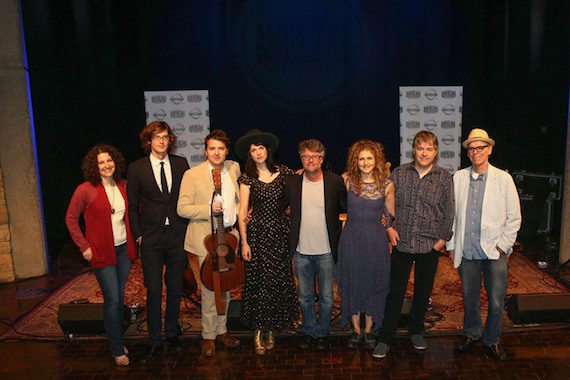 Pictured (L-R): Abi Tapia of the Country Music Hall of Fame & Museum, Joey Ryan & Kenneth Pattengale of the Milk Carton Kids, Nikki Lane, Jed Hilly of the Americana Music Association, Abigail Washburn, Bela Fleck, and John Hiatt. Photo: Terry Wyatt / Getty Images