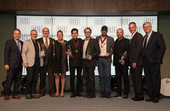 Pictured (L-R): BMI's Jody Williams, Capitol CMG's Jimi Williams and Casey McGinty, BMI's Leslie Roberts, BMI Songwriter Phil Wickham, Seems Like Music's Mark Nicholas, BMI Songwriter of the Year Chris Stevens, Sing My Songs' Peter Kipley, BMI President & CEO Mike O'Neill, BMI's Phil Graham (Photo by Steve Lowry)