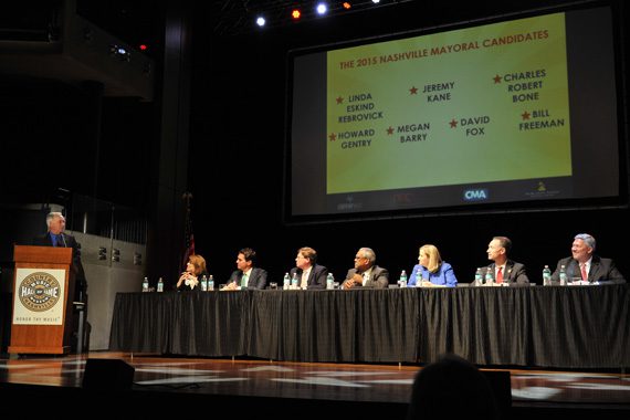 Ken Paulson (far left) moderates the Nashville Mayoral Forum with candidates Linda Eskind Rebrovick, Jeremy Kane, Charles Robert Bone, Howard Gentry, Megan Barry, David Fox, and Bill Freeman at the CMA Theater. Photo: Frederick Breedon for WireImage