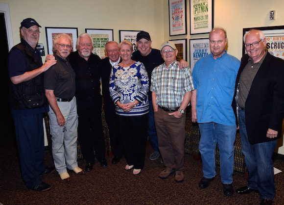 Pictured (L-R): David Briggs, Bergen White, Jimmy Capps, Walker, Eddie Bayers, Country Music Hall of Fame Members Charlie McCoy and Hargus “Pig” Robbins, and Steve Gibson