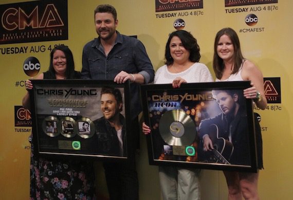 Pictured (L-R): Alaina Vehec (Director, Digital Sales, Sony Music Nashville), Chris Young, Caryl Healey (VP, Sales, Sony Music Nashville), Taylor Lindsey (Director, A&R, Sony Music Nashville) Photo: Katie Kauss