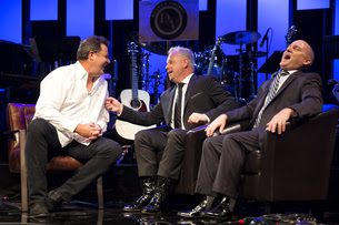 Vince Gill chats with Dailey & Vincent on set Photo Credit: Dusty Draper