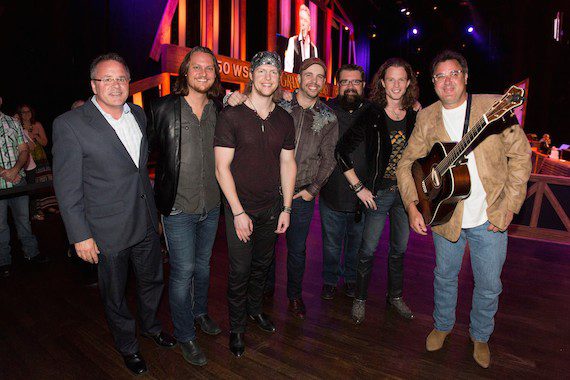 Pictured (L to R): Pete Fisher, Vice President and General Manager, Grand Ole Opry; Home Free's Tim Foust, Adam Rupp, Chris Rupp, Rob Lundquist and Austin Brown; Opry member Vince Gill. Photo:  Chris Hollo