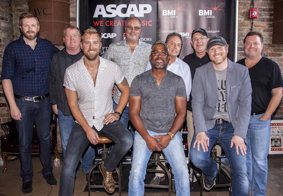 Pictured (L-R, front row): Homegrown Honey co-writers Charles Kelley, Darius Rucker and Nathan Chapman; (back row): Warner Chappell's BJ Hill, ASCAP's Mike Sistad, UMG's Mike Dungan, BMI's Jody Williams, UMPG's Ron Stuve and producer Frank Rogers. Photo: Ed Rode 