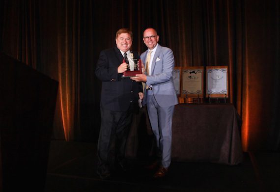 Pictured (L to R): Jeff Walker was presented with the 2015 President’s Award by CRS Board President, Charlie Morgan during the Country Radio Hall of Fame awards, held at the Omni Hotel in Nashville, Tenn on June 24, 2015. Photo Credit: Kristen England