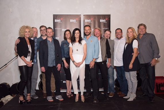  The people behind the track “Day Drinking,” including LBT member Kimberly Schlapman, Universal Record’s Shane Allen, BMI songwriters Barry Dean and Troy Verges, Creative Nation/Pulse’s Beth Laird, BMI songwriter and LBT members Karen Fairchild, Jimi Westbrook and Phillip Sweet, Warner Chappell’s Ben Vaughn, Universal Music Publishing’s Kent Earls, BMI’s Leslie Roberts and David Preston.