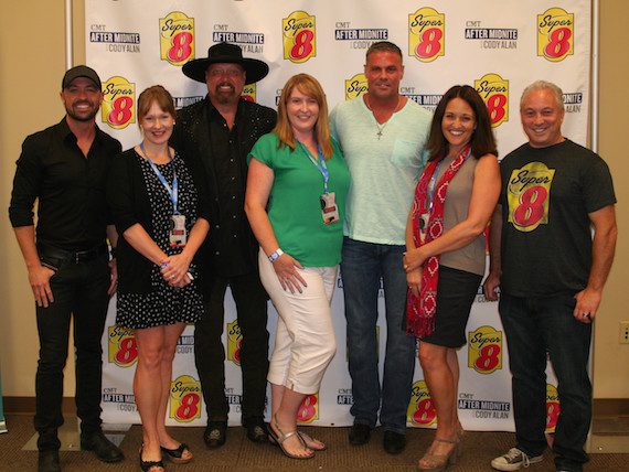 Pictured (L-R): Cody Alan of CMT After MidNite; Kari Moore, Director USO National and USO Campbell; Eddie Montgomery of Montgomery Gentry; Malissa Harris, USO Fort Campbell Operations Center Supervisor; Troy Gentry of Montgomery Gentry; Pamela Holz, USO National and Fort Campbell Center Operations and Program Manager; and Mike Mueller, Super 8 brand senior vice president