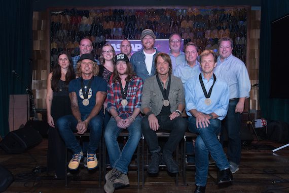 Pictured (L-R): (Back Row) 3 Ring Circus’ Casey LeVasseur and Darrell Franklin, Sony/ATV’s Abbey Adams, ASCAP’s Robert Filhart, producer Nathan Chapman, Universal’s Mike Dungan, BMI’s Jody Williams and Bradley Collins. (Front Row) BMI songwriter Jeffrey Steele, ASCAP songwriter Jaren Johnston, BMI affiliate Keith Urban, BMI songwriter Tom Douglas.