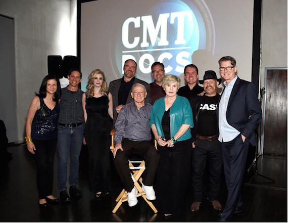 Back row (L-R): Leslie Fram, SVP Music and Talent, CMT; Lewis Bogach, VP Series Production and Development, CMT; Ana Cristina Alvarez, fiancée of John Carter Cash; John Carter Cash, son of Johnny Cash; Brian Mansfield, Senior Music Writer, USA Today; Brian Philips, President, CMT; John Miller-Monzon, Director, News and Documentaries, CMT; Derik Murray, Executive Producer, Producer and Co-director, “Johnny Cash: American Rebel”   Front (L-R): Lou Robin, Johnny Cash manager and promoter for over 30 years; Karen Robin, wife of Lou Robin  