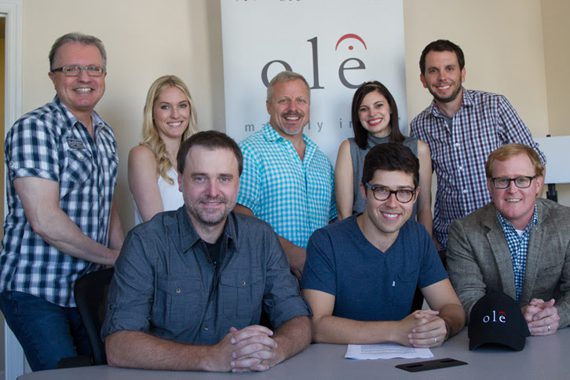 Pictured (L-R): back: Gilles Godard (ole, VP Corporate Affairs and Development), Shellien Kinsey (ole, Creative Coordinator), Mike Whelan (ole, Sr. Director, Creative), Emily Mueller (ole, Creative Manager), and Ben Strain (ole, Creative Director). Front: Jeremy Stover (ole songwriter), Adam Hambrick, and John Ozier (ole, GM, Creative).