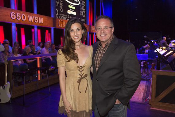 Pictured (L-R): Rainey Qualley and the Grand Ole Opry's Pete Fisher. Photo: Chris Hollo.