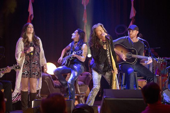 Pictured (L-R): Lindsey Lee, Nuno Bettencourt, Steven Tyler, and Eric Paslay perform at the "Front and Center" taping of the CMA Songwriters Series Thursday at the Melrose Ballroom in New York. Photo: Bill Bernstein