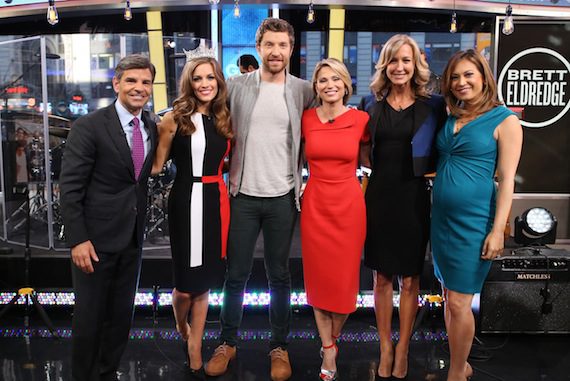 Brett performed his current single “Lose My Mind” this week on Good Morning America. Pictured left to right: George Stephanopoulos, 2016 Miss America Betty Cantrell, Brett Eldredge, Amy Robach, Lara Spencer, Ginger Zee.
