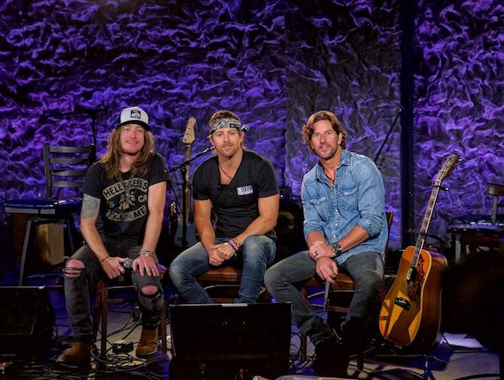 l-r) Jaren Johnston, Kip Moore, and Brett James before a special taping of the CMA Songwriters Series for "Front and Center" at the Iridium Monday in New York. Photo Credit: Jim Belmont Photography