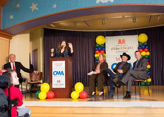 Pictured (L-R): Frank Bumstead, Chair of the CMA Board of Directors; Hillary Scott of Lady Antebellum; Kathryn Carell Brown, Chair of the Children’s Hospital “Growing to New Heights” campaign; Kix Brooks, Board Member for both the CMA and Children’s Hospital, and Dr. Jeff Balser, Vice Chancellor for Health Affairs and Dean of Vanderbilt University School of Medicine.