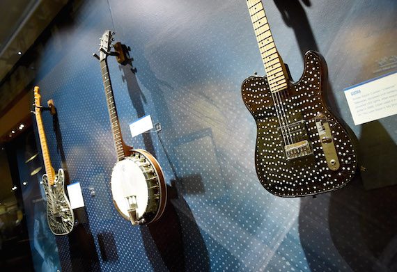 Guitars and banjos at the 'Keith Urban So Far' exhibition at Country Music Hall of Fame and Museum's CMA Theater on December 1, 2015 in Nashville, Tennessee.  (Photo by Rick Diamond/Getty Images for CMHOF)