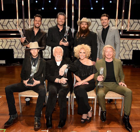 Pictured (Back row, L-R): Luke Bryan, Blake Shelton, Chris Stapleton, Sam Hunt. (Front row, L-R) Florida Georgia Line's Brian Kelley, Kenny Rogers, Little Big Town's Kimberly Schlapman, and Phillip Sweet. Photo: Rick Diamond/Getty Images for CMT