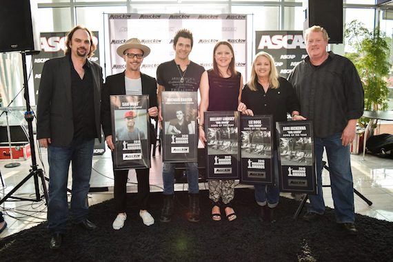 Pictured (L-R): MusicRow‘s Sherod Robertson, manager Brad Belanger on behalf of Sam Hunt, Breakthrough Songwriter Michael Carter, Song of the Year co-writers Hillary Lindsey and Liz Rose, and ASCAP’s Mike Sistad. Photo: Bev Moser