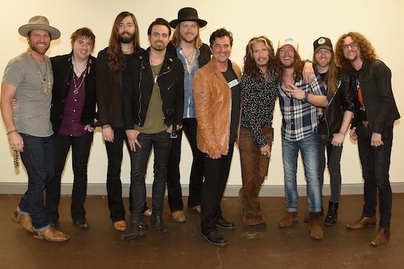 Pictured (L-R): Drake White, A Thousand Horses’ Bill Satcher, Graham DeLoach, Zach Brown and Michael Hobby, BMLG President/CEO Scott Borchetta, Steven Tyler, The Cadillac Three’s Jaren Johnston, Neil Mason, and Kelby Ray