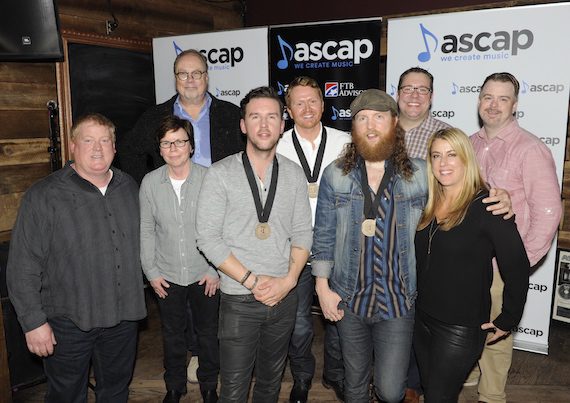Pictured (L-R): (front) ASCAP's Mike Sistad, Smack Ink's Robin Palmer, co-writer/artist TJ Osborne, co-writer/artist John Osborne, King Pen Music's Kelly King, (back row) Universal Music Group's Mike Dungan, co-writer Shane McAnally, Universal Music Publishing's Kent Earls, Warner/Chappell Music Publishing's Ben Vaughn. 