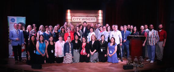 Brett Eldredge, center, is host of the CMA Teachers of Excellence event and gathers with teachers on stage at City Winery on April 27, 2016.