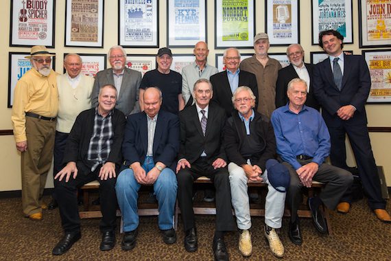 Pictured (Back Row, L-R): Former Nashville Cats honorees Buddy Spicher, Bill Walker, Jimmy Capps, Eddie Bayers, Michael Rhodes, Steve Gibson, David Briggs, and Norbert Putnam; and the Country Music Hall of Fame and Museum’s Peter Cooper; (Front Row, L-R): former Nashville Cats honorees Paul Franklin and Hargus “Pig” Robbins, Pete Wade, and former Nashville Cats honorees Bergen White and Billy Sanford. Photo: Kelli Dirks, CK Photo