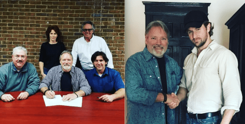 Left photo (L to R): Brian Smith, Leadership Artists; Trish Holman, Mansion Entertainment; John Berry; Dewayne Brown, Sony RED; John Mathis, Mansion Entertainment. Right photo, L-R: John Berry; Don Murry Grubbs, Absolute Publicity