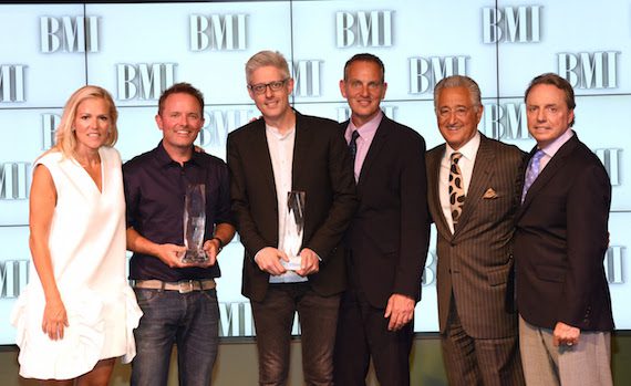 Pictured (L-R): BMI's Leslie Roberts, BMI Songwriters of the Year Chris Tomlin and Matt Maher, BMI's Mike O'Neill, Del Bryant and BMI's Jody William at the 2016 BMI Christian Awards 