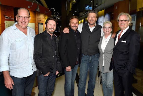 Pictured (L-R): Warner Music Nashville president John Esposito, Brandon Blackstock of Starstruck Management Group, Narvel Blackstock of Starstuck Management Group, singer-songwriter Blake Shelton, Senior Vice President of Museum Services of The Country Music Hall of Fame and Museum Carolyn Tate, and CEO of the Country Music Hall of Fame and Museum Kyle Young (Photo by John Shearer/Getty Images for Country Music Hall Of Fame & Museum) 