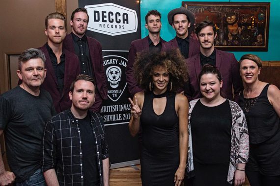 Pictured (back L-R) are: Trevor Davis, Austin Smith, Jake Thrasher, Jacob Bryant and John Davidson of the band John and Jacob. (Front L-R) Iain Snodgrass, 1634 Music International; Danny Roberts, Decca UK; artist Kandace Springs and Aisling Noonan and Rebecca Allen, Decca UK. Photo: Eric Adkins
