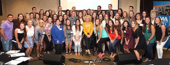 Cam, center, with students at the 2016 CMA EDU Leadership Summit at Belmont University in Nashville on Tuesday, July 19, 2016.