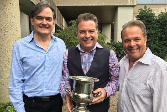 Jeff Gregg (center) received the ceremonial Leadership Music President’s Cup as incoming President of the organization. Mike Craft (left) is immediate Past President and Stacy Widelitz (right) is President-Elect