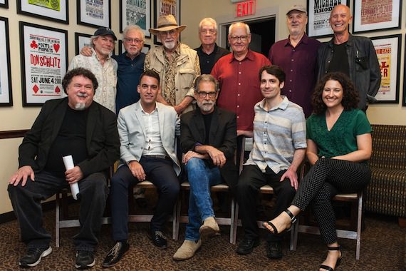 Pictured (L-R): Back row: Buddy Miller, Bergen White, Duane Eddy, Billy Sanford, Steve Gibson, David Briggs, Michael Rhodes. Front row: moderator Bill Lloyd, musician Nick Bennett, honoree Richard Bennett, musician Sean Weaver, Country Music Hall of Fame and Museum's Abi Tapia.