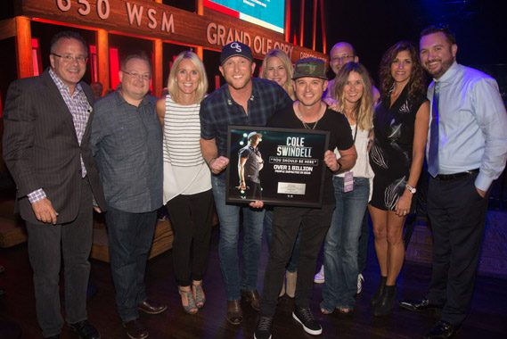Pictured (L-R): Opry's Pete Fisher, WME's Kevin Meads, WMN's Kristen Williams, Cole Swindell, WMN's Megan Joyce, WMN's Justin Luffman, WMN's Cris Lacy, Sony/ATV's Terry Wakefield, KP Entertainment's Kerri Edwards, Sirius XM's J.R. Schumann.