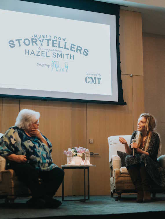 Music Row Storytellers honoree Hazel Smith and Grammy Award winning artist Alison Krauss share a moment onstage. 