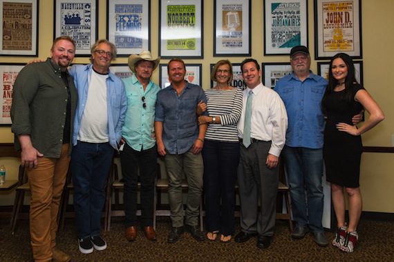Pictured (L-R): Songwriter Josh Osborne, Country Music Hall of Fame and Museum CEO Kyle Young, songwriter Paul Overstreet, McAnally, former Poet and Prophet honoree Kye Fleming, Country Music Hall of Fame and Museum's Michael Gray, former Poet and Prophet honoree Roger Murrah, and singer/songwriter Kacey Musgraves. Photo by Kelli Dirks, CK Photo