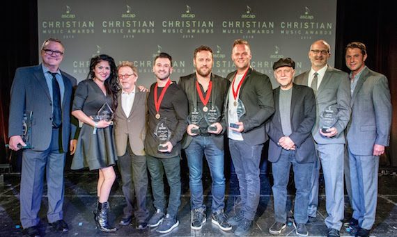 Pictured (L-R): ASCAP Golden Note Award honoree Mark Lowry, ASCAP Creative Voice Award honoree Jaci Velasquez, ASCAP President and Chairman Paul Williams, Song of the Year co-writer David Garcia, Song of the Year co-writer and Songwriter of the Year Ben Glover, Songwriter-Artist of the Year Matthew West, Phil Keaggy, Publsher of the Year Capitol CMG EVP Casey McGinty, ASCAP VP of Membership Michael Martin