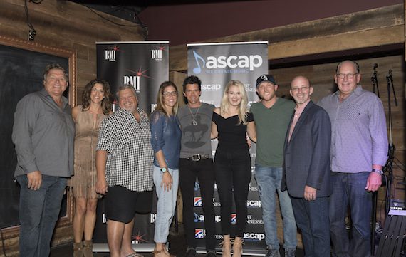Pictured (L-R): BMI’s David Preston, manager Kerri Edwards, Big Loud Mountain’s Craig Wiseman, Round Hill’s Penny Gattis, songwriter and producer Michael Carter, ASCAP’s Beth Brinker, BMI artist Cole Swindell, Sony/ATV Tree Publishing’s Terry Wakefield and Warner Music Nashville’s John Esposito. Photo: Steve Lowry. 