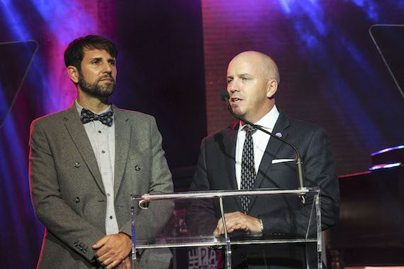 CMA Senior Vice President of Marketing and Strategic Partnerships Damon Whiteside (left) and Harbour Media Partners President, CMA Board member, and CCMA Chairman Ted Ellis address attendees during the CCMA Gala Dinner and Awards Saturday in London, Ontario. Photo: Grant W. Martin Photography