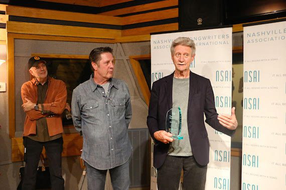 Ralph Murphy (VP of ASCAP Nashville) accepting The Maggie Cavender Award; NSAI Executive Director Bart Herbison, NSAI Board Member and songwriter, Byron Hill 