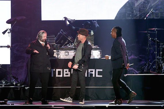 Pictured (L-R): Kevin Max, Toby McKeehan and Michael Tait. Members of DC Talk reunite during TobyMac's performance during the 2016 Dove Awards at Allen Arena, Lipscomb University on October 11, 2016 in Nashville, Tennessee. Photo: Terry Wyatt/Getty Images for Dove Awards