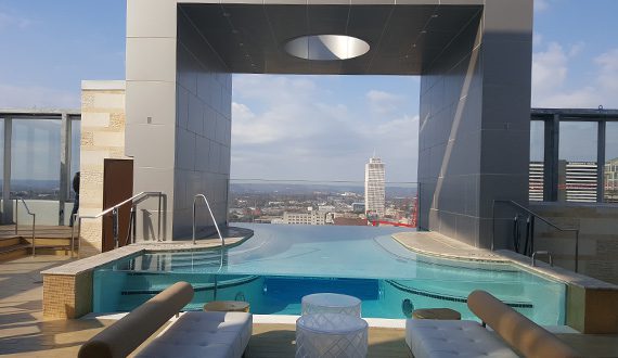 Nashville Westin's view of the Tennessee Tower from the pool. Photo: Bev Moser/Moments by Moser