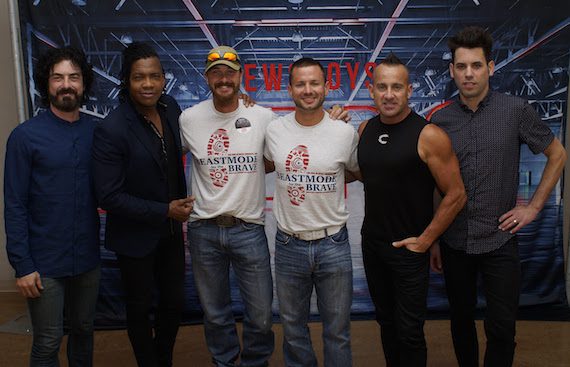 (L-R): Newsboys' Jody Davis and Michael Tait; Guardian for Heroes' Jeff Kyle; BeastMode for the Brave's George Chmiel; and Newsboys' Duncan Phillips and Jeff Frankenstein backstage at Nashville's Curb Event Center before Friday's "Love Riot Tour" stop. (Credit: KohlPhoto) 