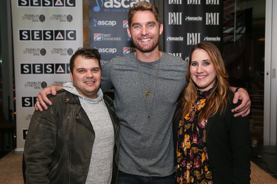 Pictured (L-R): Co-writers Justin Ebach (SESAC), Brett Young (ASCAP), Kelly Archer (BMI). Photo: Terry Wyatt