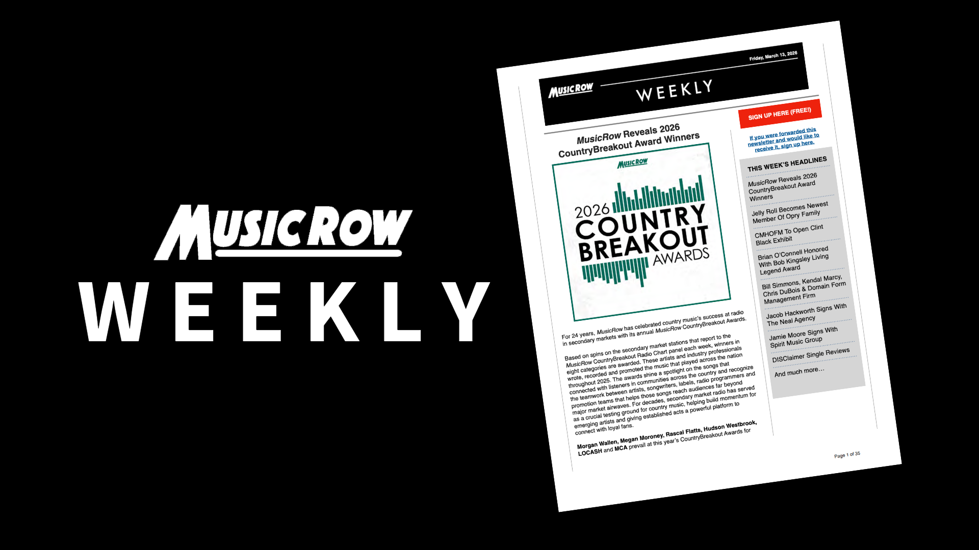 MusicRow Weekly (CountryBreakout Awards, News, Charts, More…)